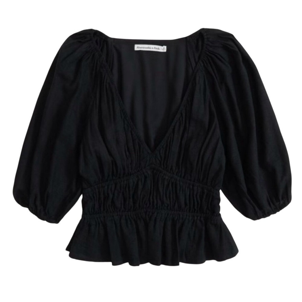 Abercrombie & Fitch Linen Blend Black Puff Sleeve Babydoll Top MEDIUM